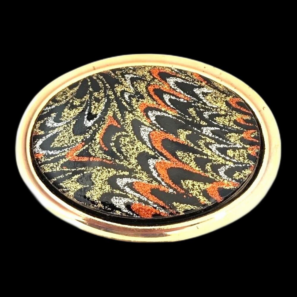 Vintage 1970s Scarf Clip Gold Tone Orange Black Abstract Glitter Design - 13C